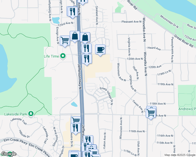 map of restaurants, bars, coffee shops, grocery stores, and more near 11918 Business Park Boulevard North in Champlin