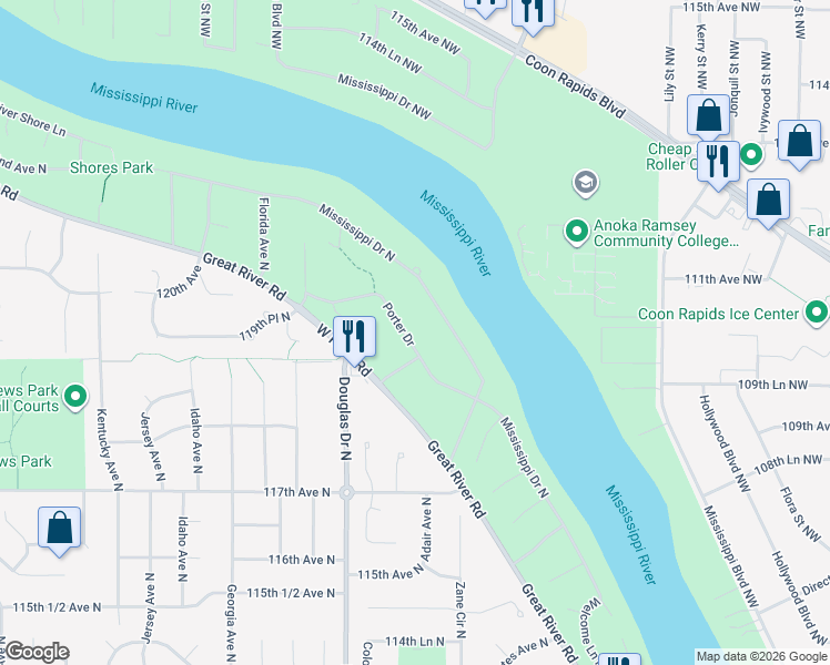 map of restaurants, bars, coffee shops, grocery stores, and more near 11908 Porter Drive in Champlin