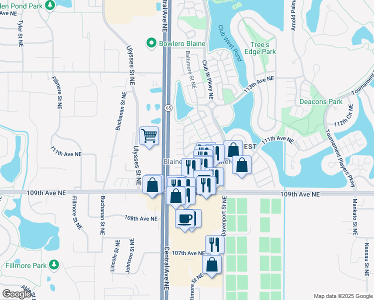 map of restaurants, bars, coffee shops, grocery stores, and more near 1451 111th Drive Northeast in Blaine
