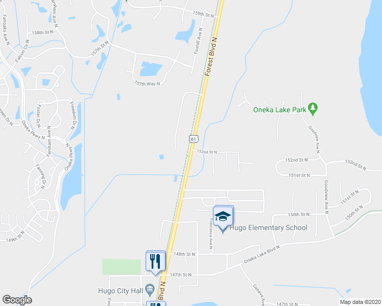 map of restaurants, bars, coffee shops, grocery stores, and more near 15182 U.S. 61 in Hugo