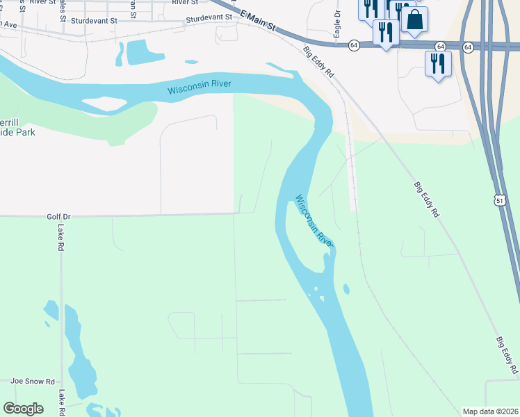 map of restaurants, bars, coffee shops, grocery stores, and more near N1505 Sunshine Road in Merrill
