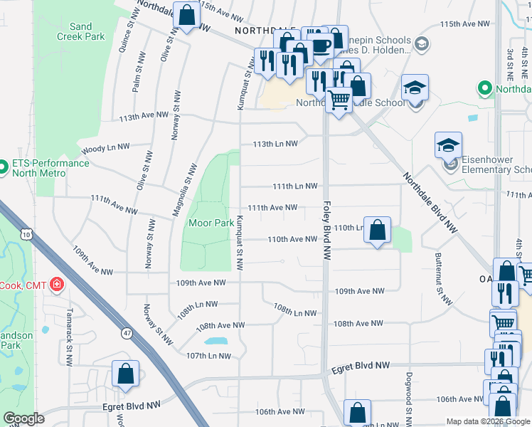 map of restaurants, bars, coffee shops, grocery stores, and more near 524 111th Avenue Northwest in Minneapolis