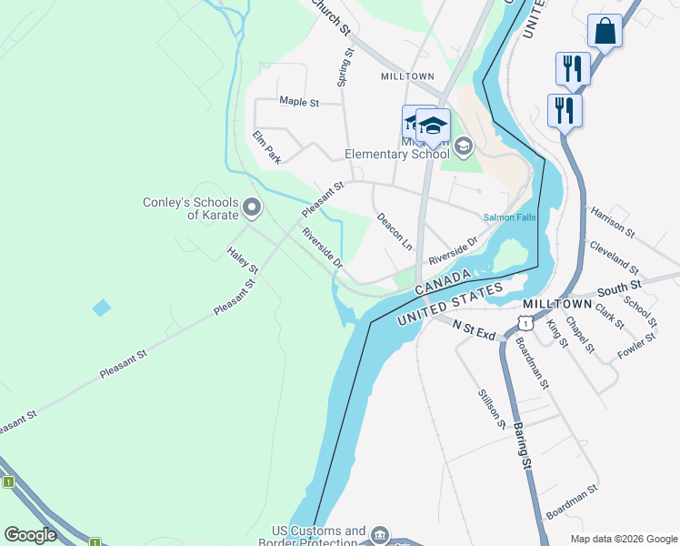 map of restaurants, bars, coffee shops, grocery stores, and more near 58 Riverside Drive in St. Stephen