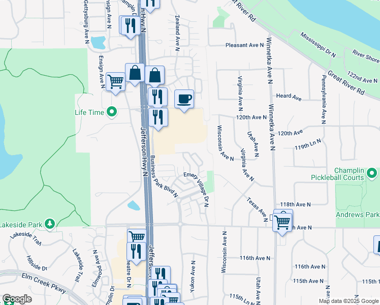 map of restaurants, bars, coffee shops, grocery stores, and more near 11918 Business Park Boulevard North in Champlin