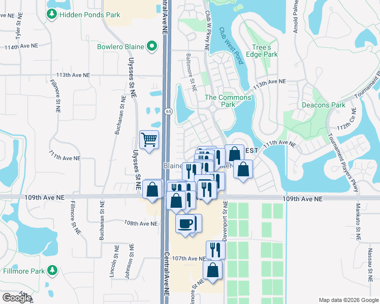 map of restaurants, bars, coffee shops, grocery stores, and more near 1451 111th Drive Northeast in Blaine