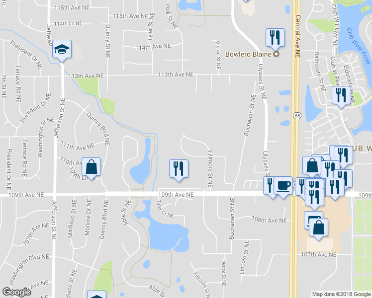 map of restaurants, bars, coffee shops, grocery stores, and more near 1019 111th Avenue Northeast in Blaine
