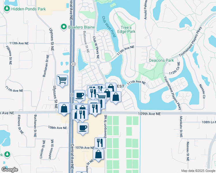 map of restaurants, bars, coffee shops, grocery stores, and more near 11195 Club West Circle in Blaine