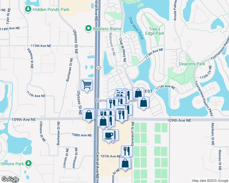 map of restaurants, bars, coffee shops, grocery stores, and more near 1471 111th Drive Northeast in Blaine