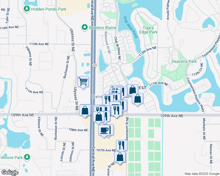 map of restaurants, bars, coffee shops, grocery stores, and more near 1471 111th Drive Northeast in Blaine
