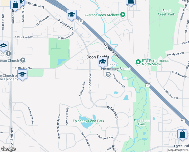 map of restaurants, bars, coffee shops, grocery stores, and more near 11087 Robinson Drive in Coon Rapids
