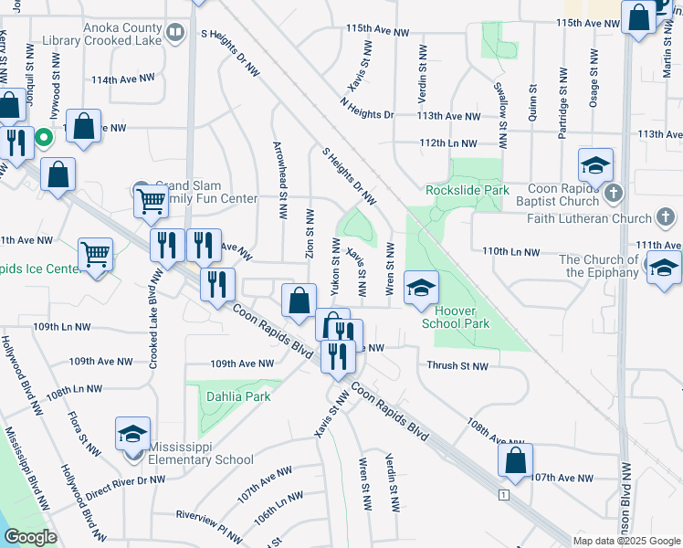 map of restaurants, bars, coffee shops, grocery stores, and more near 11041 Yukon Street Northwest in Coon Rapids