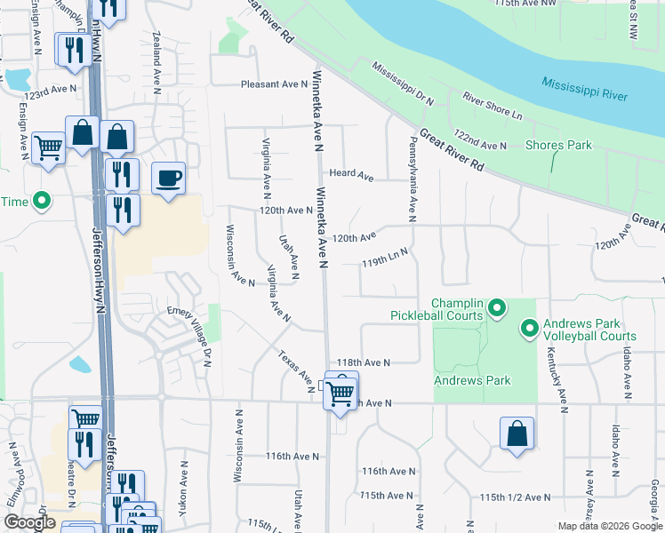 map of restaurants, bars, coffee shops, grocery stores, and more near 7832 119th Lane North in Champlin