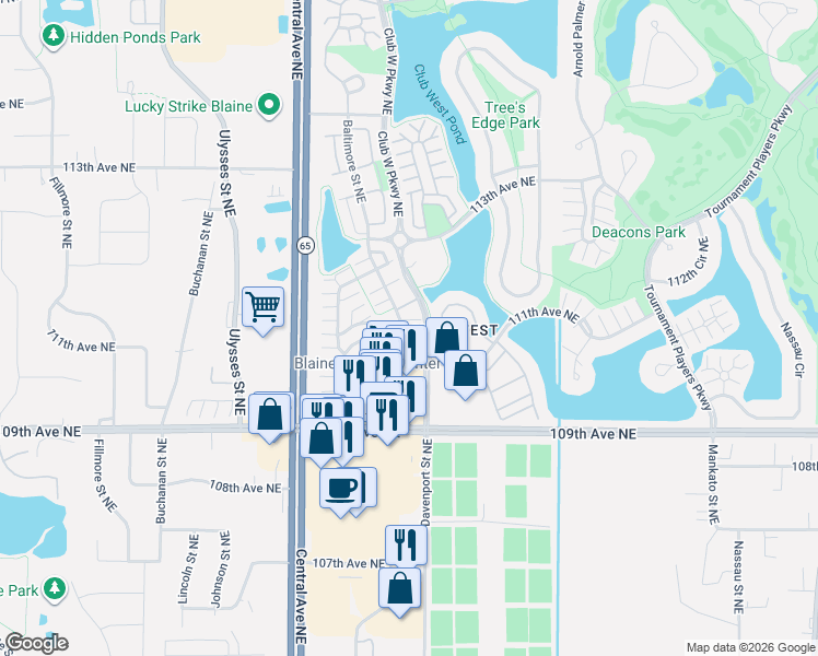 map of restaurants, bars, coffee shops, grocery stores, and more near 11145 Baltimore Street Northeast in Blaine