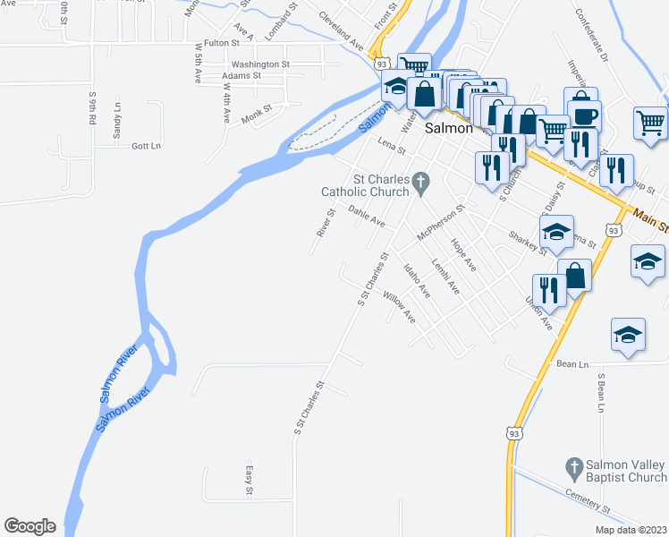 map of restaurants, bars, coffee shops, grocery stores, and more near 334 Catherine Lane in Salmon