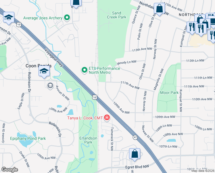 map of restaurants, bars, coffee shops, grocery stores, and more near 1121 109th Avenue Northwest in Minneapolis