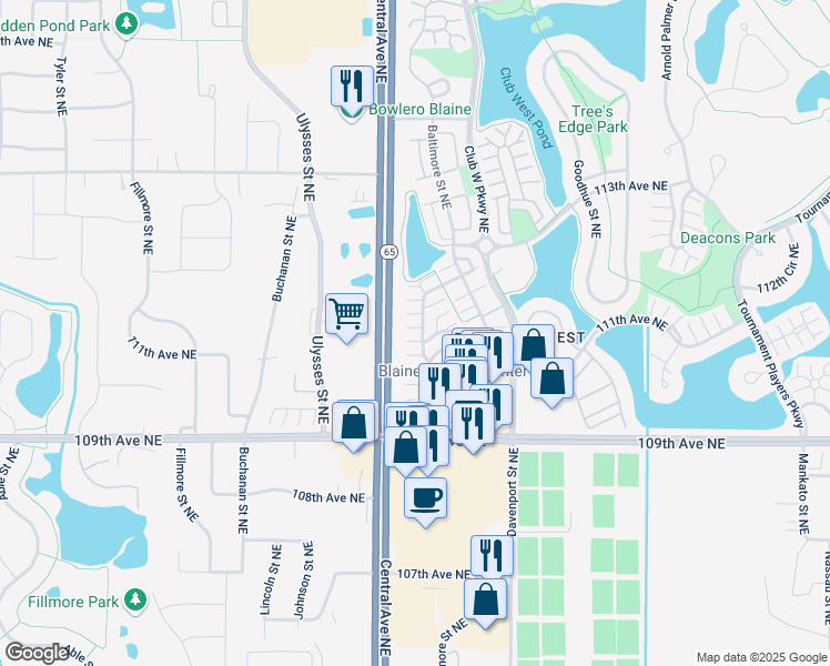 map of restaurants, bars, coffee shops, grocery stores, and more near 11142 Aberdeen Street Northeast in Blaine