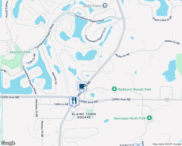 map of restaurants, bars, coffee shops, grocery stores, and more near 11065 Amen Circle Northeast in Blaine