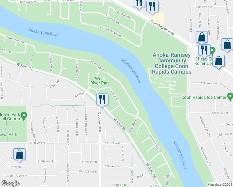 map of restaurants, bars, coffee shops, grocery stores, and more near 11916 Porter Drive in Champlin