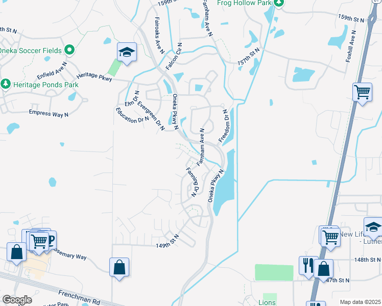 map of restaurants, bars, coffee shops, grocery stores, and more near 5114 French Drive North in Hugo