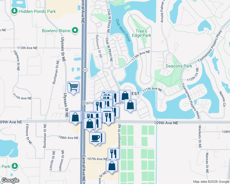 map of restaurants, bars, coffee shops, grocery stores, and more near 11145 Baltimore Street Northeast in Blaine