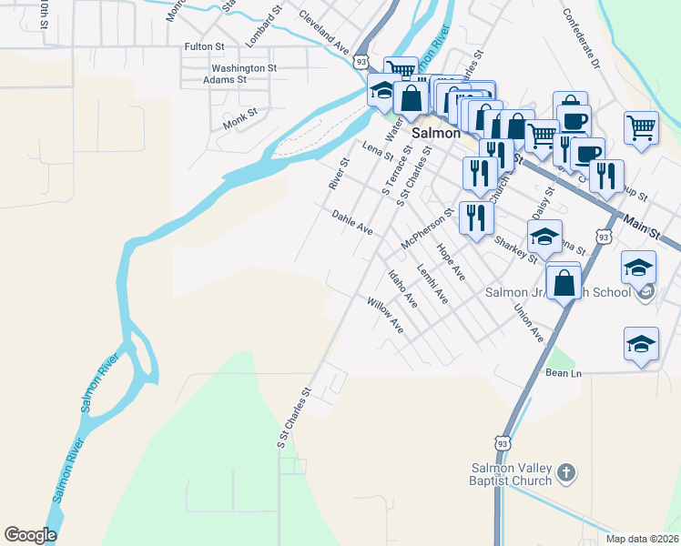 map of restaurants, bars, coffee shops, grocery stores, and more near 334 Catherine Lane in Salmon