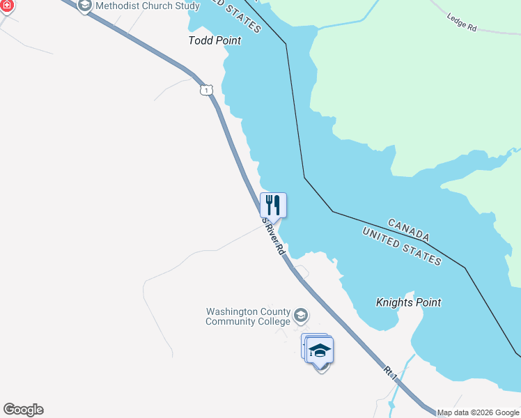 map of restaurants, bars, coffee shops, grocery stores, and more near 144 South River Road in Calais