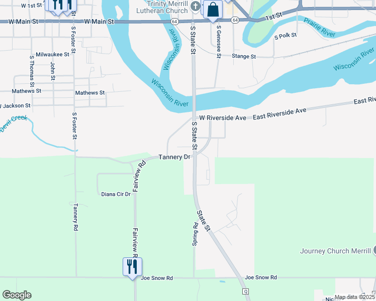 map of restaurants, bars, coffee shops, grocery stores, and more near 808 South State Street in Merrill