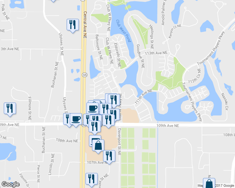 map of restaurants, bars, coffee shops, grocery stores, and more near 11145 Baltimore Street Northeast in Blaine