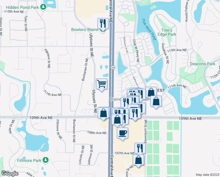 map of restaurants, bars, coffee shops, grocery stores, and more near 11060 Central Avenue Northeast in Blaine