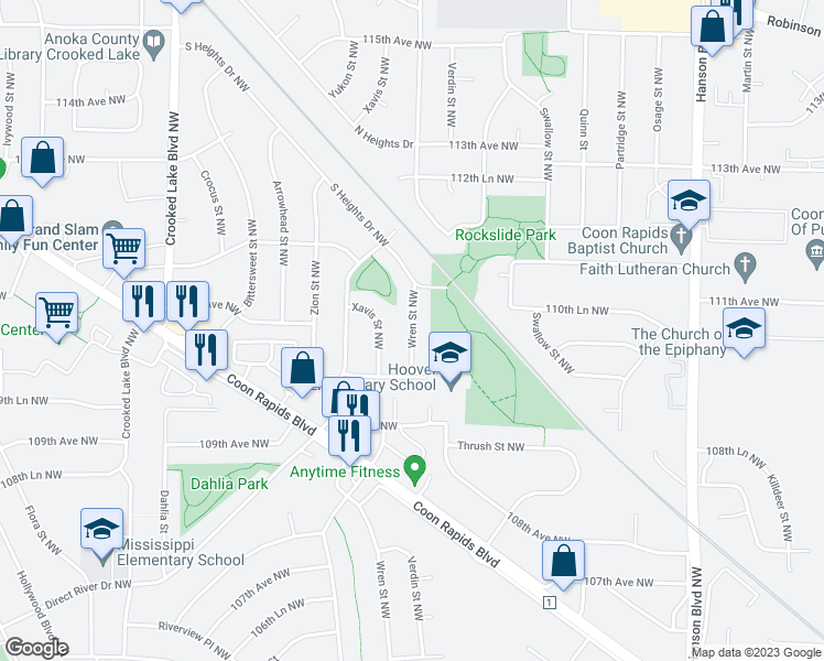 map of restaurants, bars, coffee shops, grocery stores, and more near 11061 Wren Street Northwest in Coon Rapids