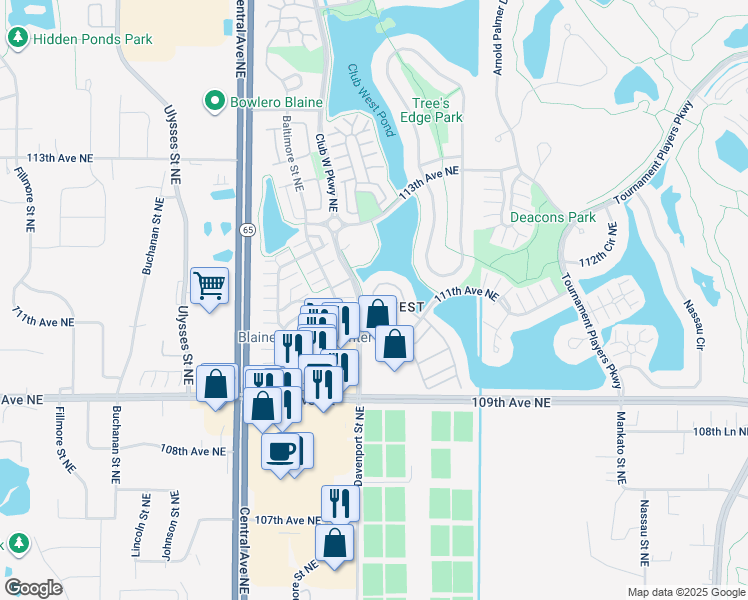 map of restaurants, bars, coffee shops, grocery stores, and more near 11195 Club West Circle in Blaine