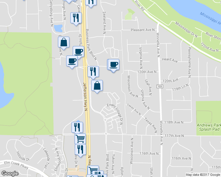 map of restaurants, bars, coffee shops, grocery stores, and more near 11918 Business Park Boulevard North in Champlin