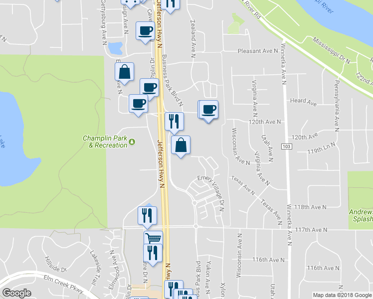 map of restaurants, bars, coffee shops, grocery stores, and more near 11942 Business Park Boulevard North in Champlin