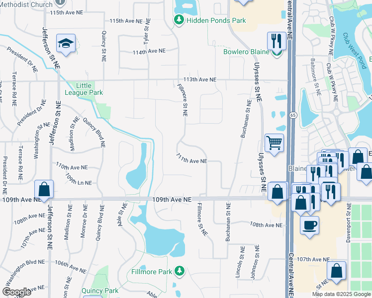 map of restaurants, bars, coffee shops, grocery stores, and more near 1019 111th Avenue Northeast in Blaine