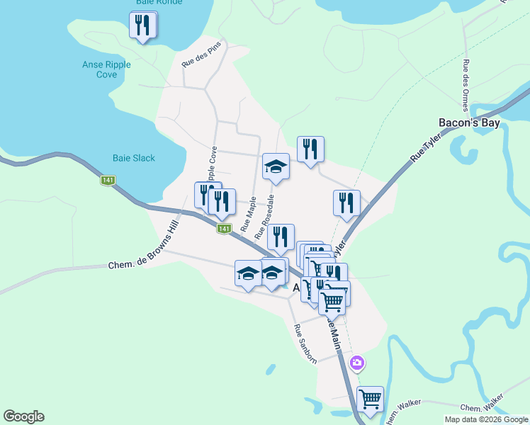 map of restaurants, bars, coffee shops, grocery stores, and more near 185 Rue Rosedale in Ayer's Cliff