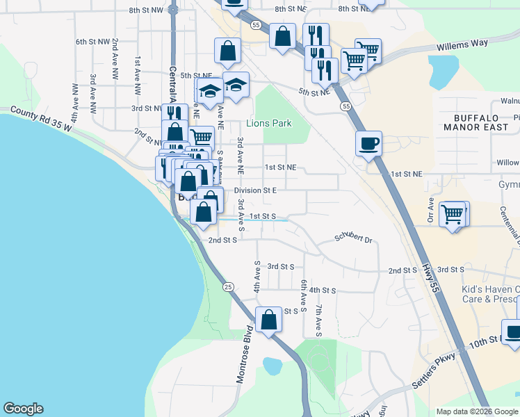 map of restaurants, bars, coffee shops, grocery stores, and more near 309 1st Street South in Buffalo
