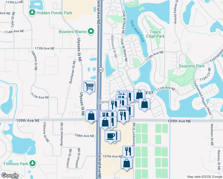 map of restaurants, bars, coffee shops, grocery stores, and more near 1471 111th Drive Northeast in Blaine