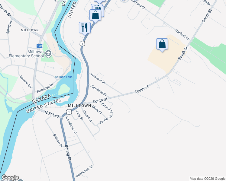 map of restaurants, bars, coffee shops, grocery stores, and more near 485 South Street in Calais