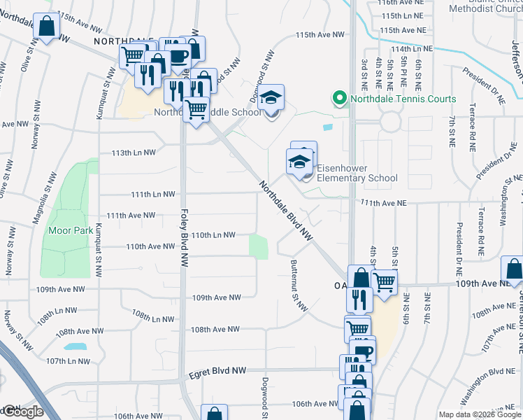 map of restaurants, bars, coffee shops, grocery stores, and more near 11061 Dogwood Street Northwest in Minneapolis