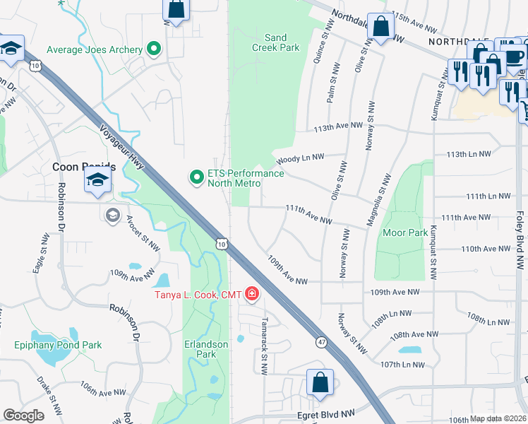 map of restaurants, bars, coffee shops, grocery stores, and more near 1121 109th Avenue Northwest in Minneapolis
