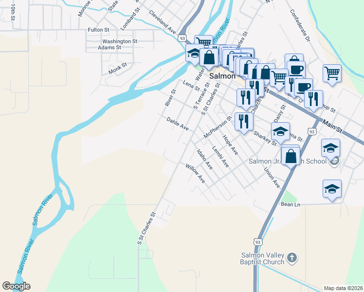 map of restaurants, bars, coffee shops, grocery stores, and more near 515 S St Charles St in Salmon
