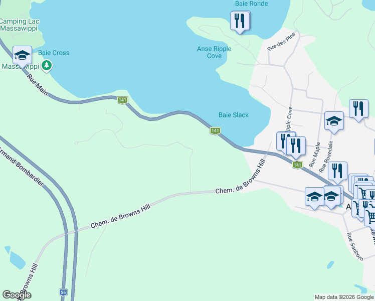 map of restaurants, bars, coffee shops, grocery stores, and more near Rue des Hauts-du-Lac in Ayer's Cliff