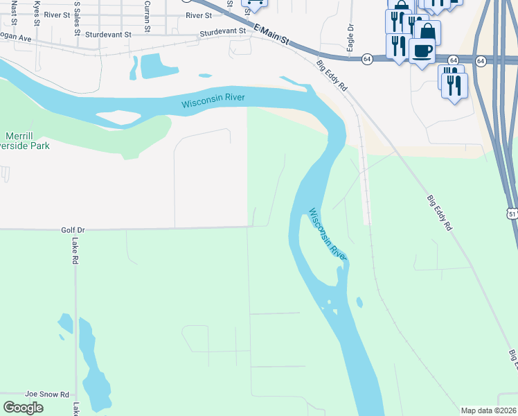 map of restaurants, bars, coffee shops, grocery stores, and more near N1505 Sunshine Road in Merrill