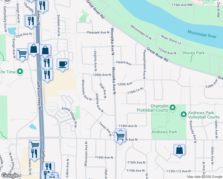 map of restaurants, bars, coffee shops, grocery stores, and more near 7832 119th Lane North in Champlin