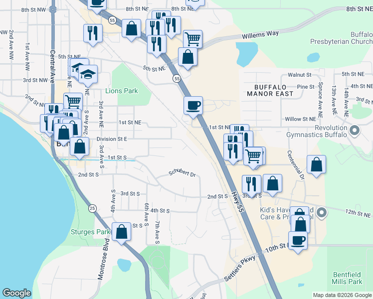 map of restaurants, bars, coffee shops, grocery stores, and more near 714 Division Street East in Buffalo