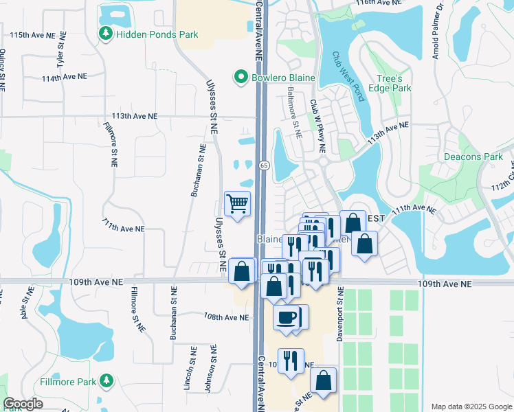 map of restaurants, bars, coffee shops, grocery stores, and more near 11060 Central Avenue Northeast in Blaine