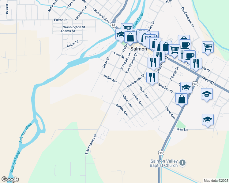 map of restaurants, bars, coffee shops, grocery stores, and more near 515 South Saint Charles Street in Salmon