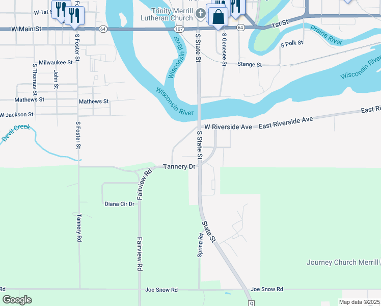 map of restaurants, bars, coffee shops, grocery stores, and more near 808 South State Street in Merrill