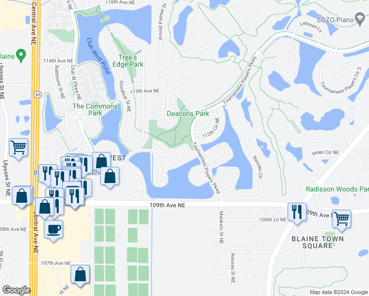 map of restaurants, bars, coffee shops, grocery stores, and more near 1911 111th Avenue Northeast in Blaine