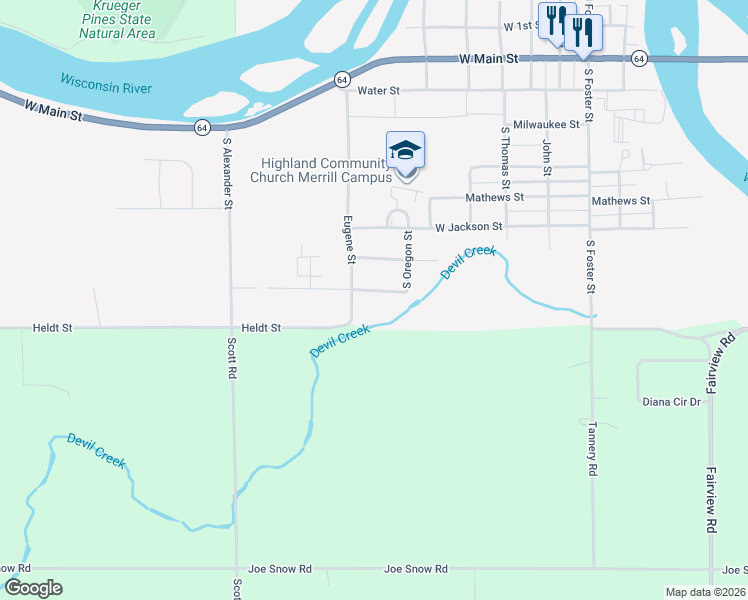 map of restaurants, bars, coffee shops, grocery stores, and more near 1905 Webster Street in Merrill